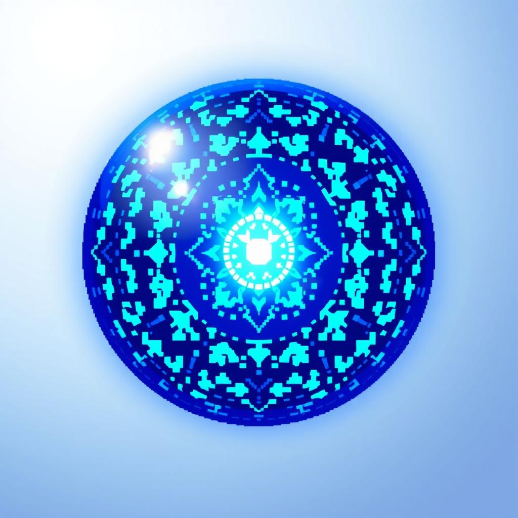 A pixel art representation of a glowing blue aura shield in the shape of a sphere