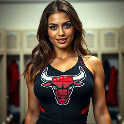 A close-up shot of a gorgeous brunette female in a black cheerleader top emblazoned with the logo of a bull wearing a red bandana, displaying a large chest and noticeable cleavage