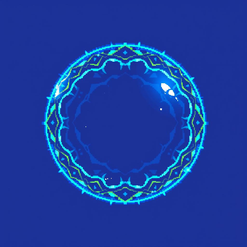 A pixel art representation of a glowing blue aura shield in the shape of a hollow sphere