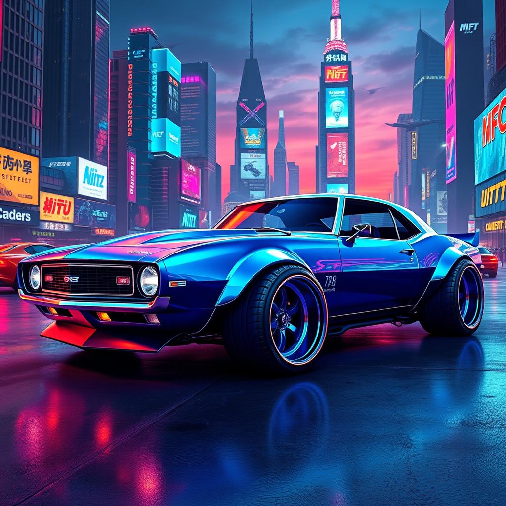 A futuristic reinterpretation of a 1968 Chevrolet Camaro featuring a widebody design and oversized wide tires