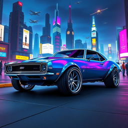 A futuristic reinterpretation of a 1968 Chevrolet Camaro featuring a widebody design and oversized wide tires