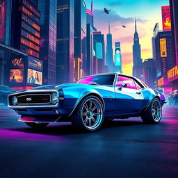 A futuristic reinterpretation of a 1968 Chevrolet Camaro featuring a widebody design and oversized wide tires