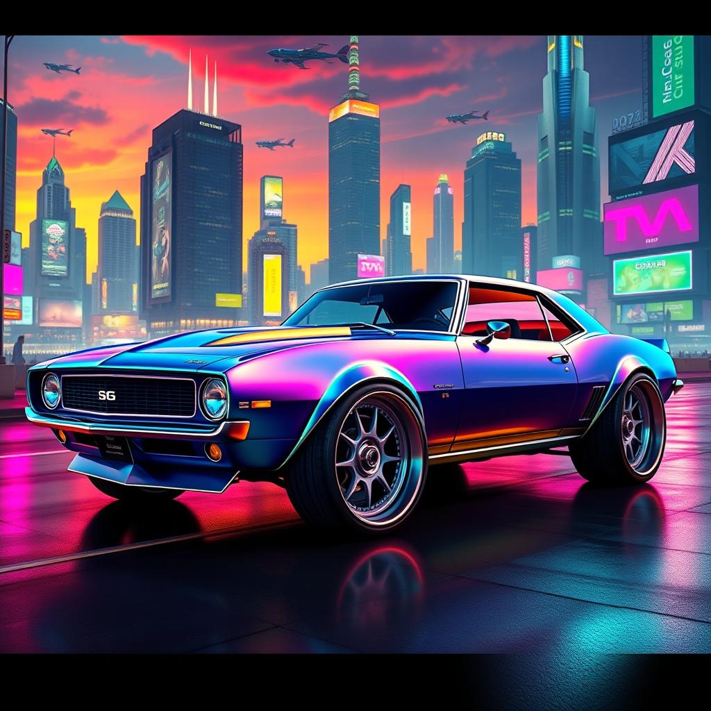 A futuristic reinterpretation of a 1968 Chevrolet Camaro featuring a widebody design and oversized wide tires