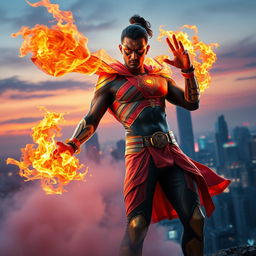 An Indian superhero exhibiting extraordinary fire powers, dressed in a form-fitting, colorful superhero costume that incorporates traditional Indian motifs and designs