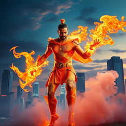 An Indian superhero exhibiting extraordinary fire powers, dressed in a form-fitting, colorful superhero costume that incorporates traditional Indian motifs and designs