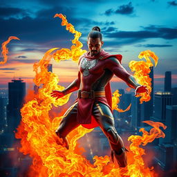 An Indian superhero exhibiting extraordinary fire powers, dressed in a form-fitting, colorful superhero costume that incorporates traditional Indian motifs and designs