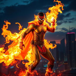 An Indian superhero exhibiting extraordinary fire powers, dressed in a form-fitting, colorful superhero costume that incorporates traditional Indian motifs and designs