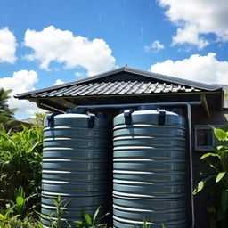 Photograph of a rainwater harvesting system, showcasing an installation designed to capture rainwater