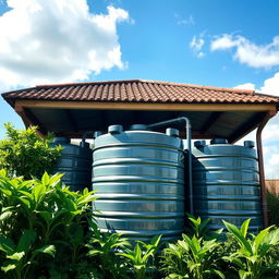 Photograph of a rainwater harvesting system, showcasing an installation designed to capture rainwater