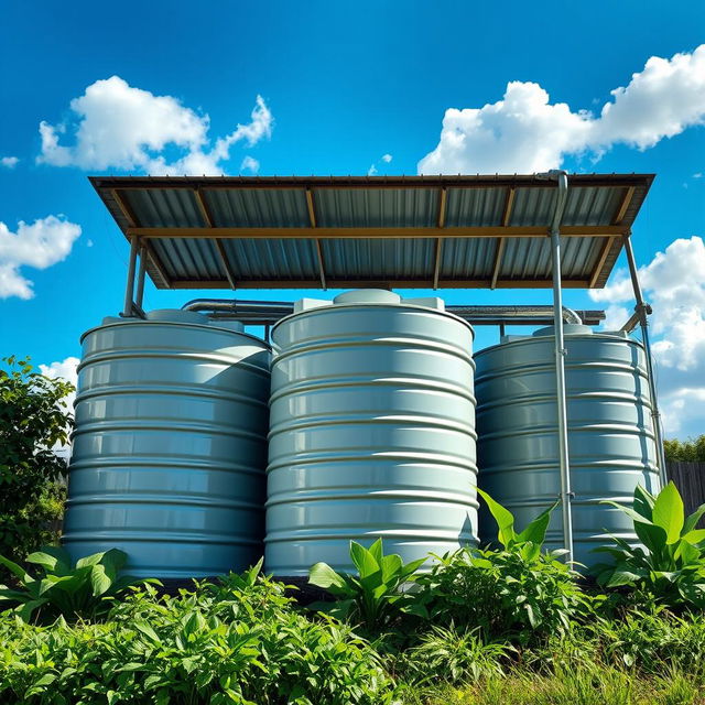 Photograph of a rainwater harvesting system, showcasing an installation designed to capture rainwater