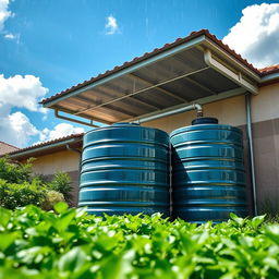 Photograph of a rainwater harvesting system, showcasing an installation designed to capture rainwater