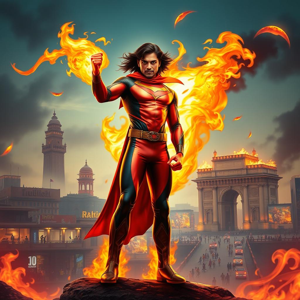 An Indian superhero standing boldly in Mumbai, showcasing powerful fire abilities while wearing a stylish, form-fitting superhero costume that reflects vibrant Indian colors and patterns