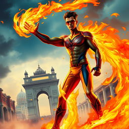 An Indian superhero standing boldly in Mumbai, showcasing powerful fire abilities while wearing a stylish, form-fitting superhero costume that reflects vibrant Indian colors and patterns