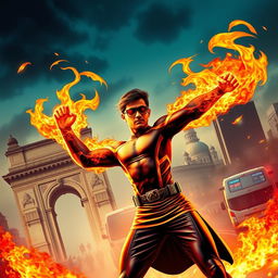 An Indian superhero standing boldly in Mumbai, showcasing powerful fire abilities while wearing a stylish, form-fitting superhero costume that reflects vibrant Indian colors and patterns