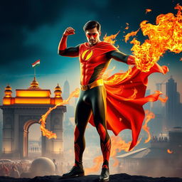 An Indian superhero standing boldly in Mumbai, showcasing powerful fire abilities while wearing a stylish, form-fitting superhero costume that reflects vibrant Indian colors and patterns