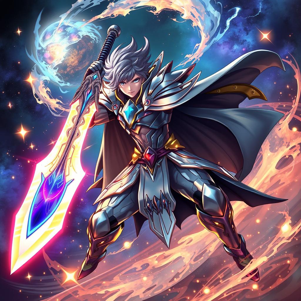 A dynamic character wielding a stellar blade, with cosmic elements swirling around, glowing stars and nebulae in the background, the character adorned in futuristic armor that reflects the brilliance of the galaxy, intense action pose with energy radiating from the blade, highly detailed and vibrant colors, emphasizing the power of the weapon and the character's fierce determination