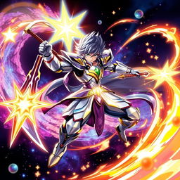 A dynamic character wielding a stellar blade, with cosmic elements swirling around, glowing stars and nebulae in the background, the character adorned in futuristic armor that reflects the brilliance of the galaxy, intense action pose with energy radiating from the blade, highly detailed and vibrant colors, emphasizing the power of the weapon and the character's fierce determination