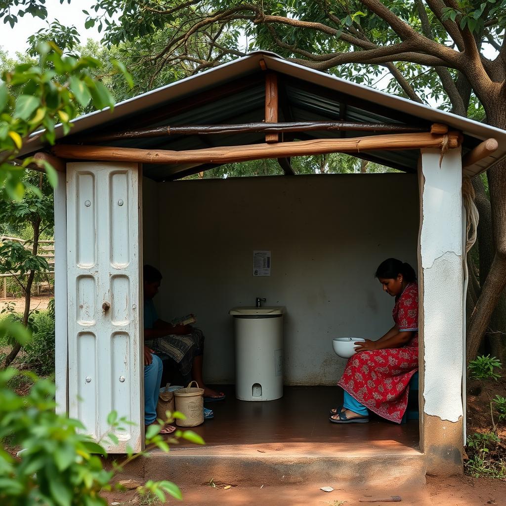 Image of a public toilet or latrine in a rural area, showcasing the significance of proper sanitation