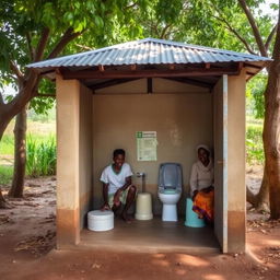 Image of a public toilet or latrine in a rural area, showcasing the significance of proper sanitation