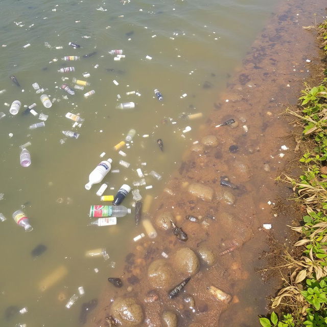 A photo of a river or body of water visibly affected by pollution, showcasing the issue of dirty water