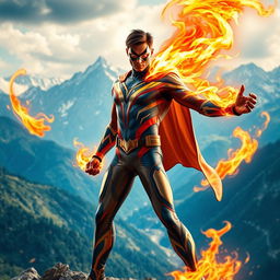 An Indian superhero standing heroically in the stunning landscapes of Himachal Pradesh, exhibiting powerful fire abilities