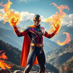 An Indian superhero standing heroically in the stunning landscapes of Himachal Pradesh, exhibiting powerful fire abilities