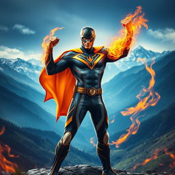 An Indian superhero standing heroically in the stunning landscapes of Himachal Pradesh, exhibiting powerful fire abilities