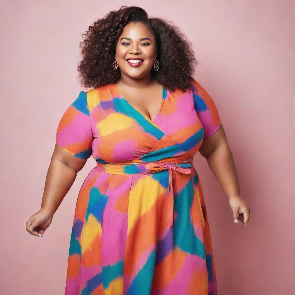 Generate an image of a confident, plus-sized girl, showcasing a proud and empowering aura. She's dressed stylishly with a vibrant smile.