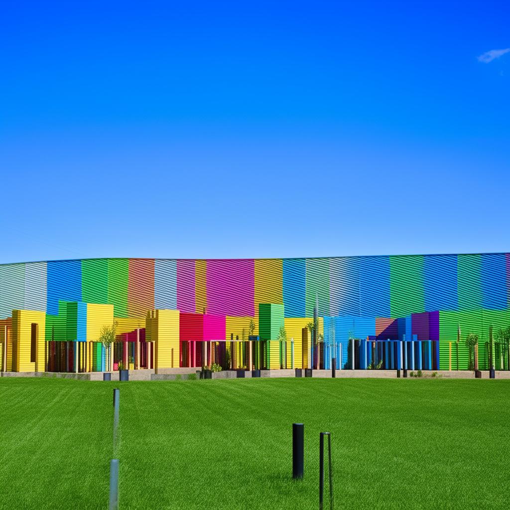 A myriad of distinctive and cheerful school buildings scattered across a green landscape under a bright blue sky.