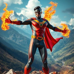 An Indian superhero standing heroically in the stunning landscapes of Himachal Pradesh, exhibiting powerful fire abilities