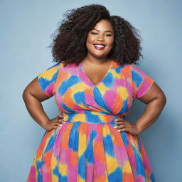 Generate an image of a confident, plus-sized girl, showcasing a proud and empowering aura. She's dressed stylishly with a vibrant smile.