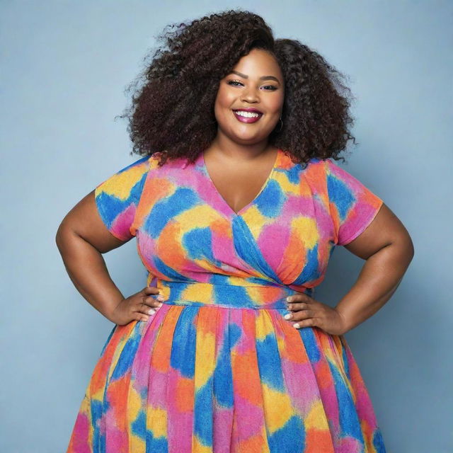 Generate an image of a confident, plus-sized girl, showcasing a proud and empowering aura. She's dressed stylishly with a vibrant smile.