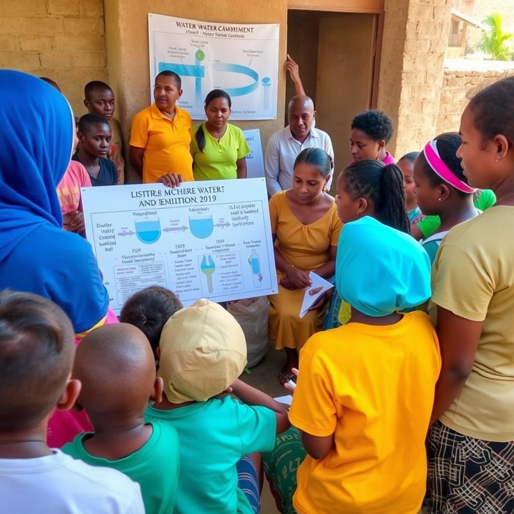 Photo of a group of people, including children, engaged in an educational session about responsible water management and hygiene practices