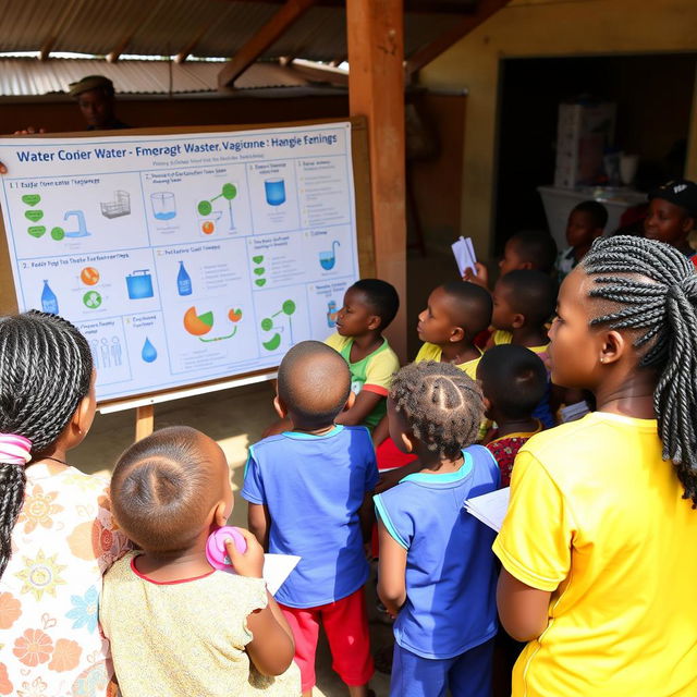 Photo of a group of people, including children, engaged in an educational session about responsible water management and hygiene practices