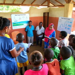 Photo of a group of people, including children, engaged in an educational session about responsible water management and hygiene practices