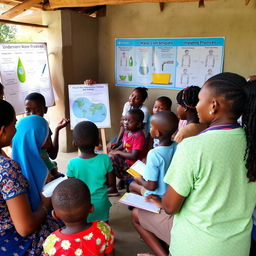 Photo of a group of people, including children, engaged in an educational session about responsible water management and hygiene practices