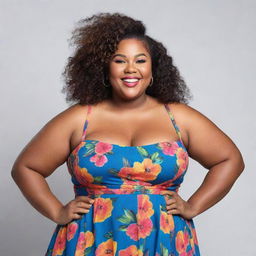 Generate an image of a confident, plus-sized girl, showcasing a proud and empowering aura. She's dressed stylishly with a vibrant smile.