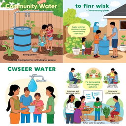 Images depicting community and individual efforts to conserve water, showcasing various strategies such as using drip irrigation for gardens, rainwater harvesting systems installed on homes, and people actively engaged in water-saving practices