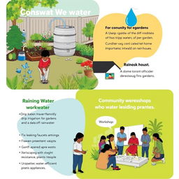 Images depicting community and individual efforts to conserve water, showcasing various strategies such as using drip irrigation for gardens, rainwater harvesting systems installed on homes, and people actively engaged in water-saving practices