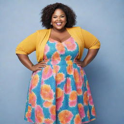 Generate an image of a confident, plus-sized girl, showcasing a proud and empowering aura. She's dressed stylishly with a vibrant smile.