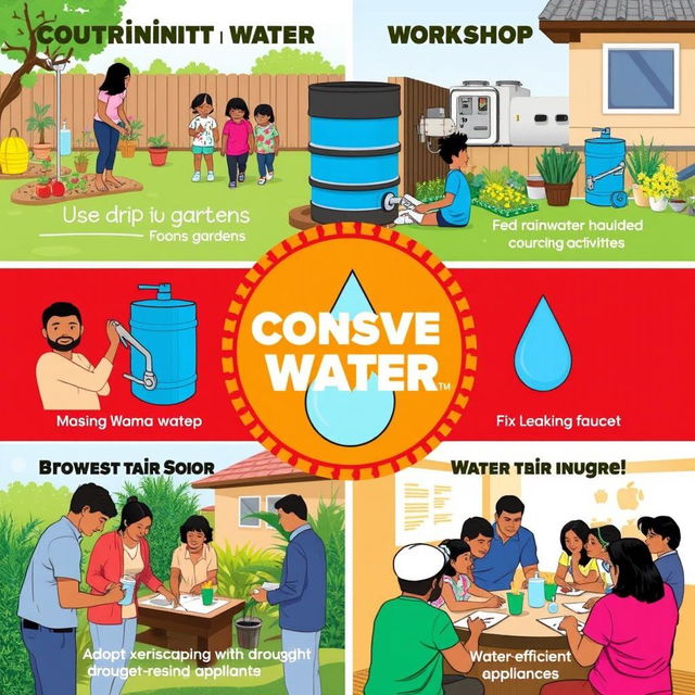 Images depicting community and individual efforts to conserve water, showcasing various strategies such as using drip irrigation for gardens, rainwater harvesting systems installed on homes, and people actively engaged in water-saving practices