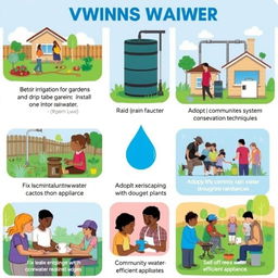 Images depicting community and individual efforts to conserve water, showcasing various strategies such as using drip irrigation for gardens, rainwater harvesting systems installed on homes, and people actively engaged in water-saving practices