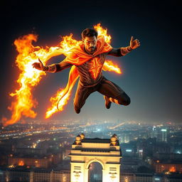 An Indian superhero soaring through the night sky above Mumbai, showcasing their fire powers as they illuminate the darkness with glowing flames