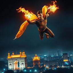 An Indian superhero soaring through the night sky above Mumbai, showcasing their fire powers as they illuminate the darkness with glowing flames