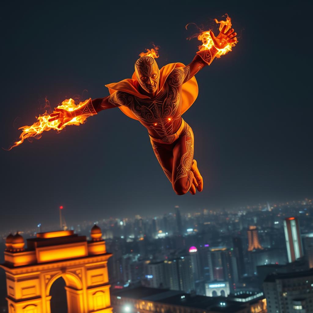 An Indian superhero soaring through the night sky above Mumbai, showcasing their fire powers as they illuminate the darkness with glowing flames