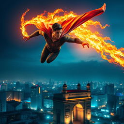 An Indian superhero soaring through the night sky above Mumbai, showcasing their fire powers as they illuminate the darkness with glowing flames