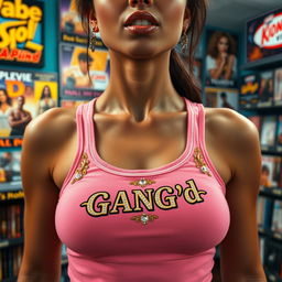 An extreme close-up torso shot of a stunning brunette woman wearing a pink tank top adorned with ornate gold and diamond trim featuring the logo 'GANG'd'