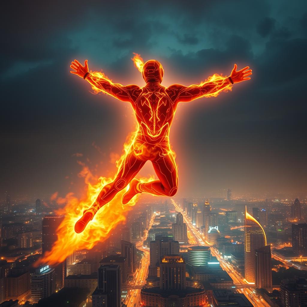 An Indian superhero soaring majestically through the night sky, using their fire powers to illuminate the scene around them