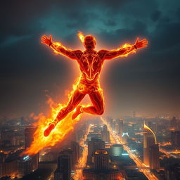 An Indian superhero soaring majestically through the night sky, using their fire powers to illuminate the scene around them