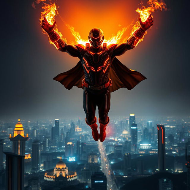 An Indian superhero soaring majestically through the night sky, using their fire powers to illuminate the scene around them